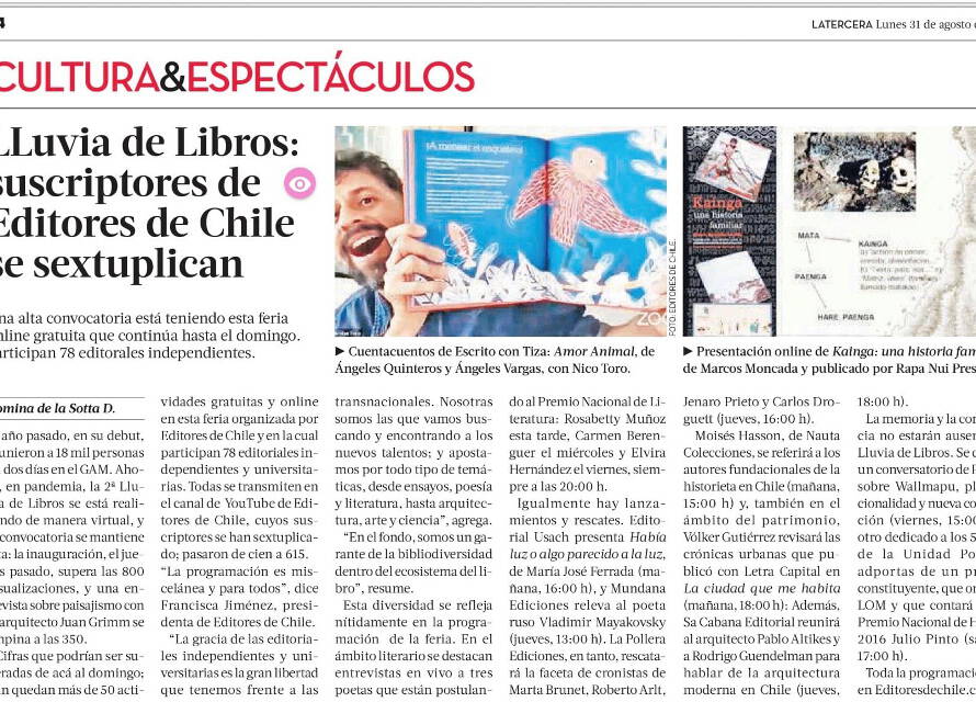 Recorte del diario La Tercera, sección Cultura y Espectáculos, sobre la feria del libro