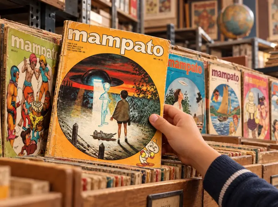 Un niño elige una revista Mampato entre una colección de ejemplares antiguos de la historieta chilena