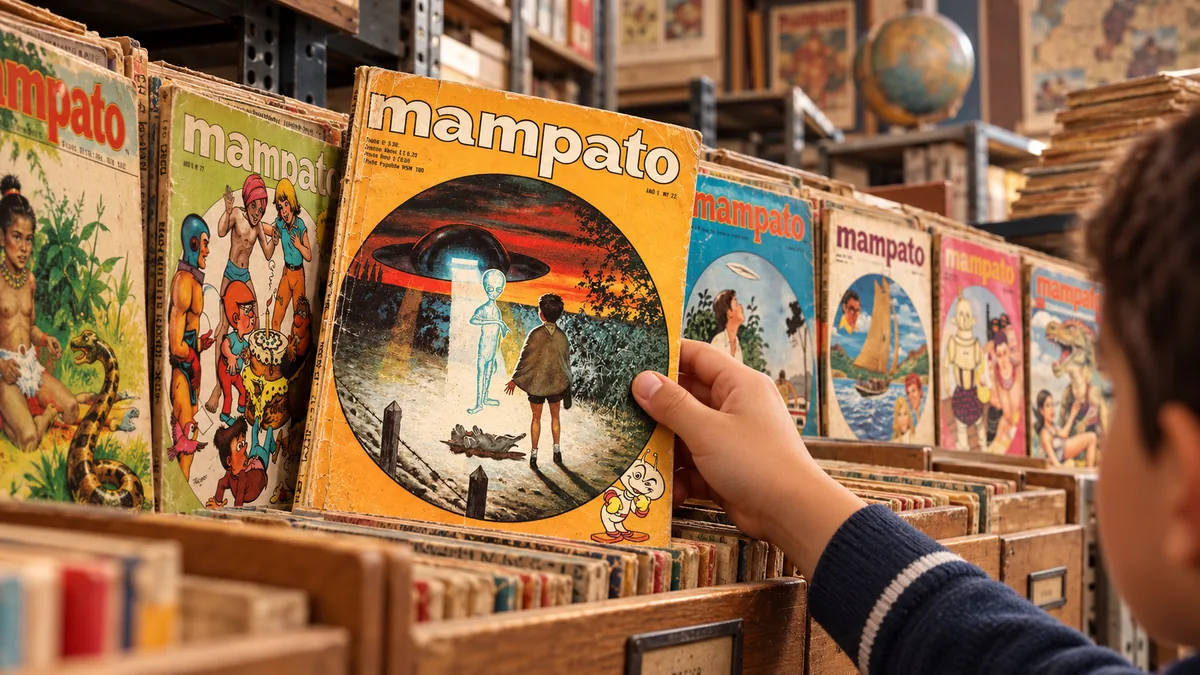 Un niño elige una revista Mampato entre una colección de ejemplares antiguos de la historieta chilena