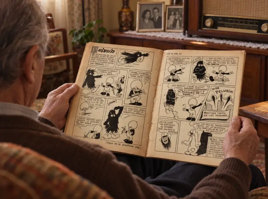 Un lector sostiene una revista abierta con una historieta de Pelusín, personaje creado por Héctor Arroyo