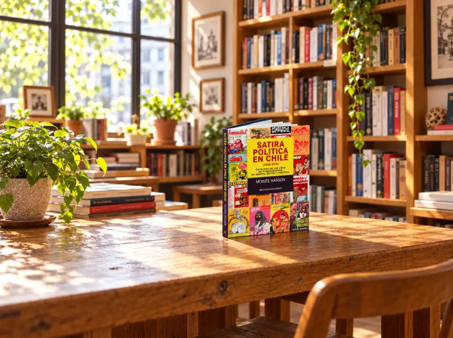 Libro Sátira política en Chile, de Moisés Hassón, mostrado completo sobre una mesa de madera en una librería luminosa