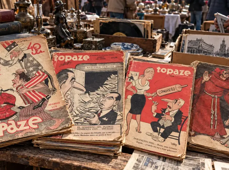 Cuatro portadas antiguas de la revista Topaze con caricaturas de humor político chileno, exhibidas en una feria de antigüedades