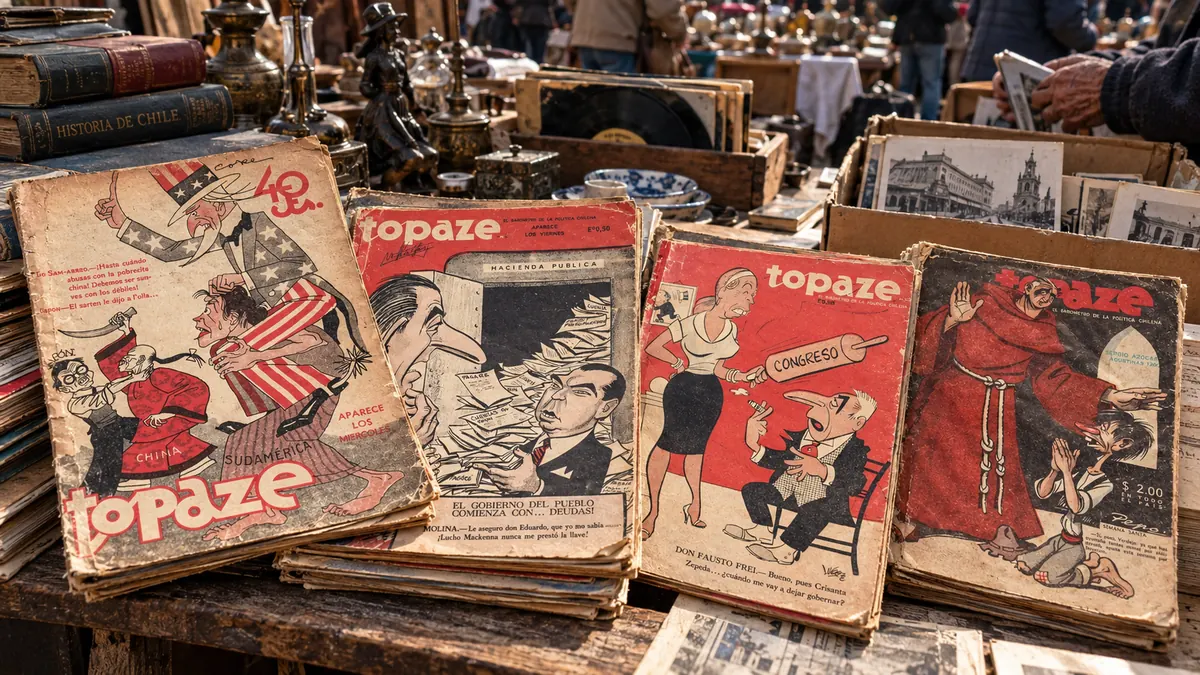 Cuatro portadas antiguas de la revista Topaze con caricaturas de humor político chileno, exhibidas en una feria de antigüedades