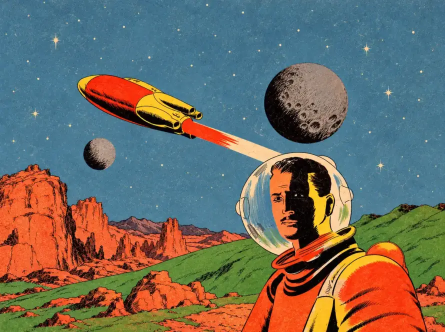 Ilustración de ciencia ficción inspirada en una portada de El Peneca, con un astronauta, una nave roja y amarilla y planetas sobre un paisaje rocoso