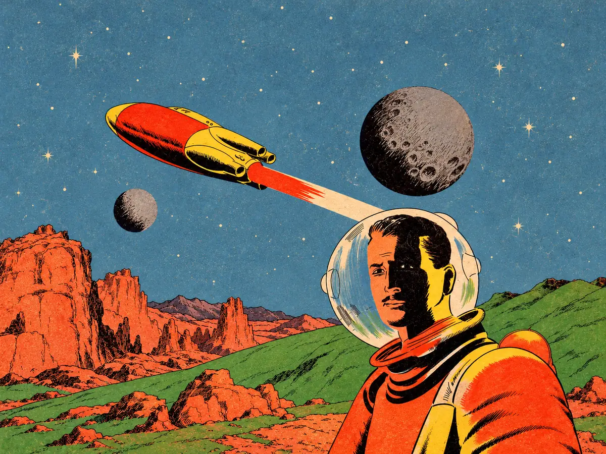Ilustración de ciencia ficción inspirada en una portada de El Peneca, con un astronauta, una nave roja y amarilla y planetas sobre un paisaje rocoso