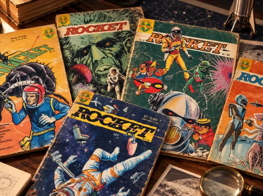 Ejemplares antiguos de la revista Rocket con astronautas, robots y criaturas de ciencia ficción sobre una mesa de colección