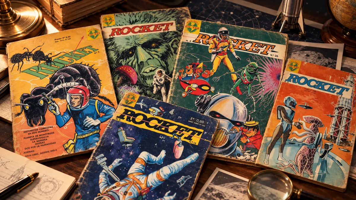 Ejemplares antiguos de la revista Rocket con astronautas, robots y criaturas de ciencia ficción sobre una mesa de colección