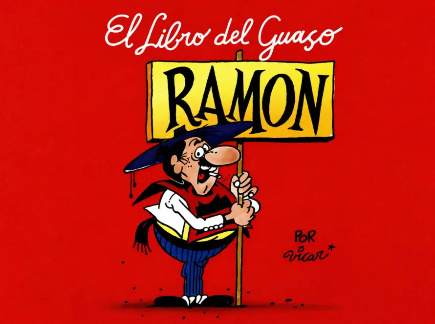 El Guaso Ramón de Vicar sostiene el cartel con su nombre sobre fondo rojo, en una adaptación horizontal de la portada del libro.