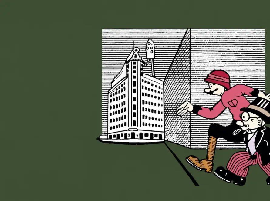 Ilustración de Viaje de la Tierra a Marte, de Andrés Magré, con el Profesor Plúm y el capitán Flán ante un edificio suspendido