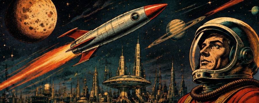 Ilustración retro de un astronauta y un cohete despegando