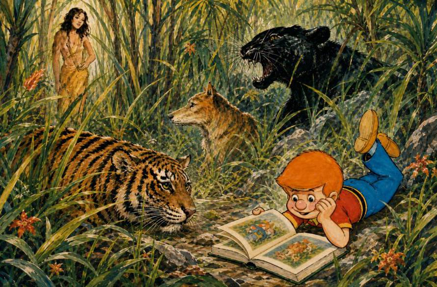 Ilustración de un niño leyendo en la selva junto a un tigre y una pantera