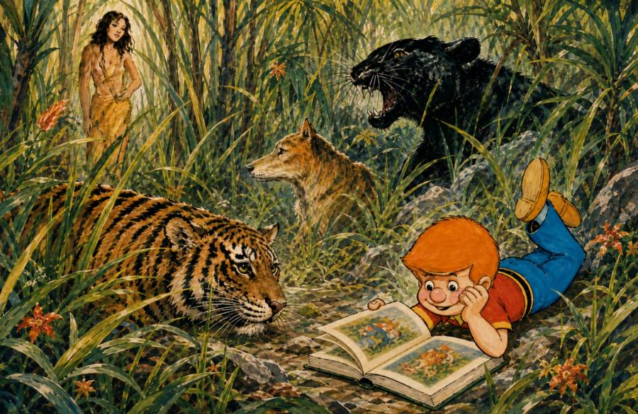 Ilustración de un niño leyendo en la selva junto a un tigre y una pantera