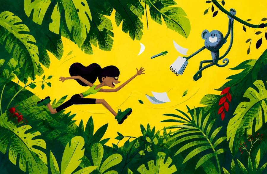 Ilustración colorida de una selva con personajes de historieta infantil