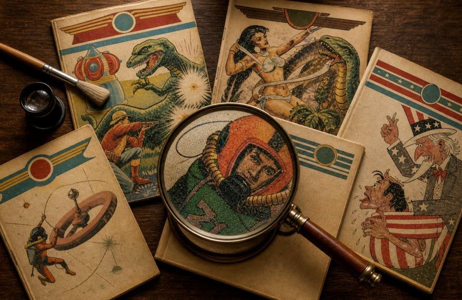 Revistas de historieta antiguas y una lupa sobre una mesa de investigación