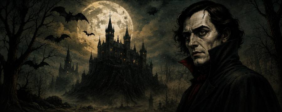 Ilustración de un castillo oscuro y una figura siniestra de noche